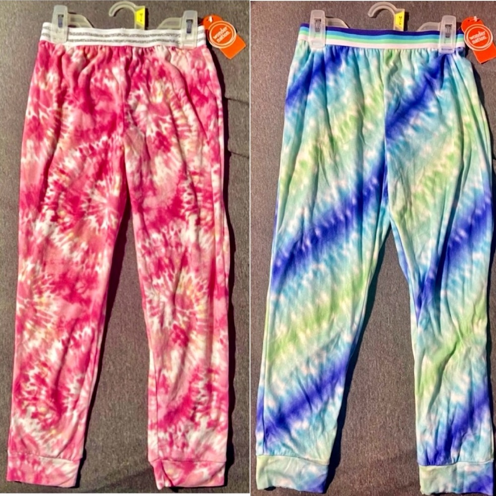 Kids Girls Size 7/8 Soft Joggers Pull On Pants Tie Dye Pink & Blue Set of 2 NEW